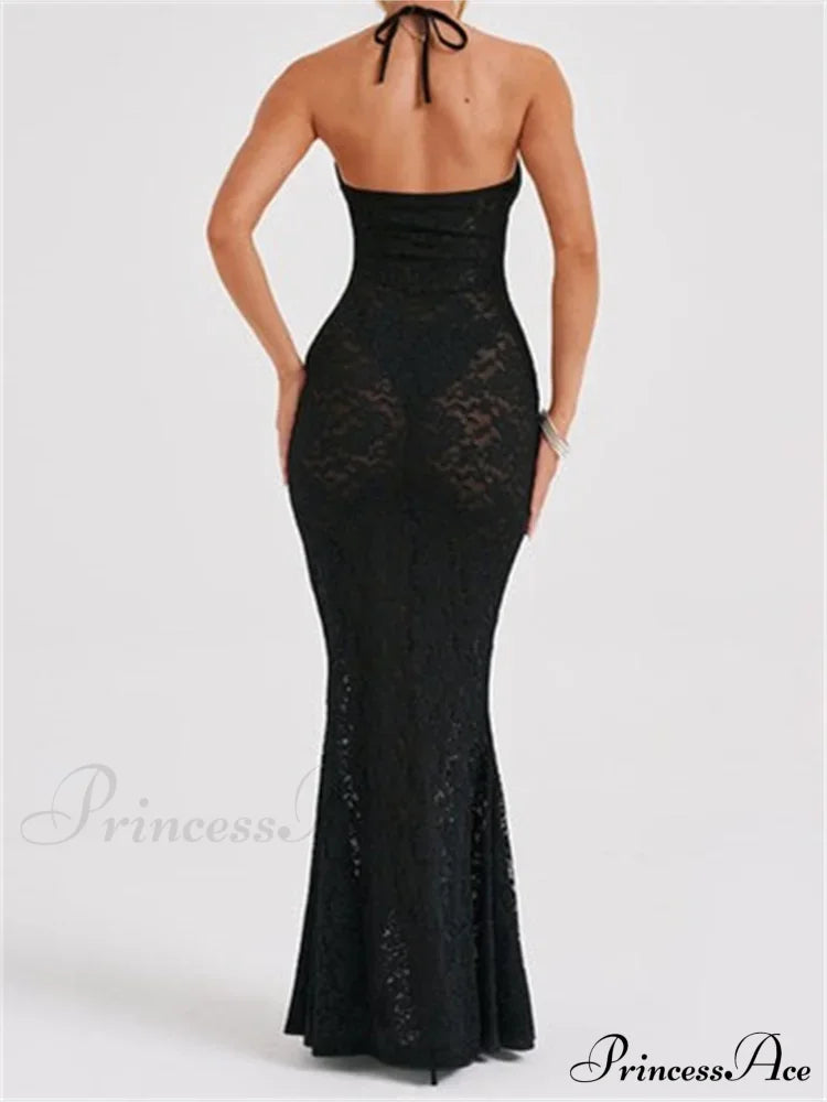 Sexy Women Lace Mesh See Through Summer Off Shoulder V-Neck Halter Black Beach Female Vestidos