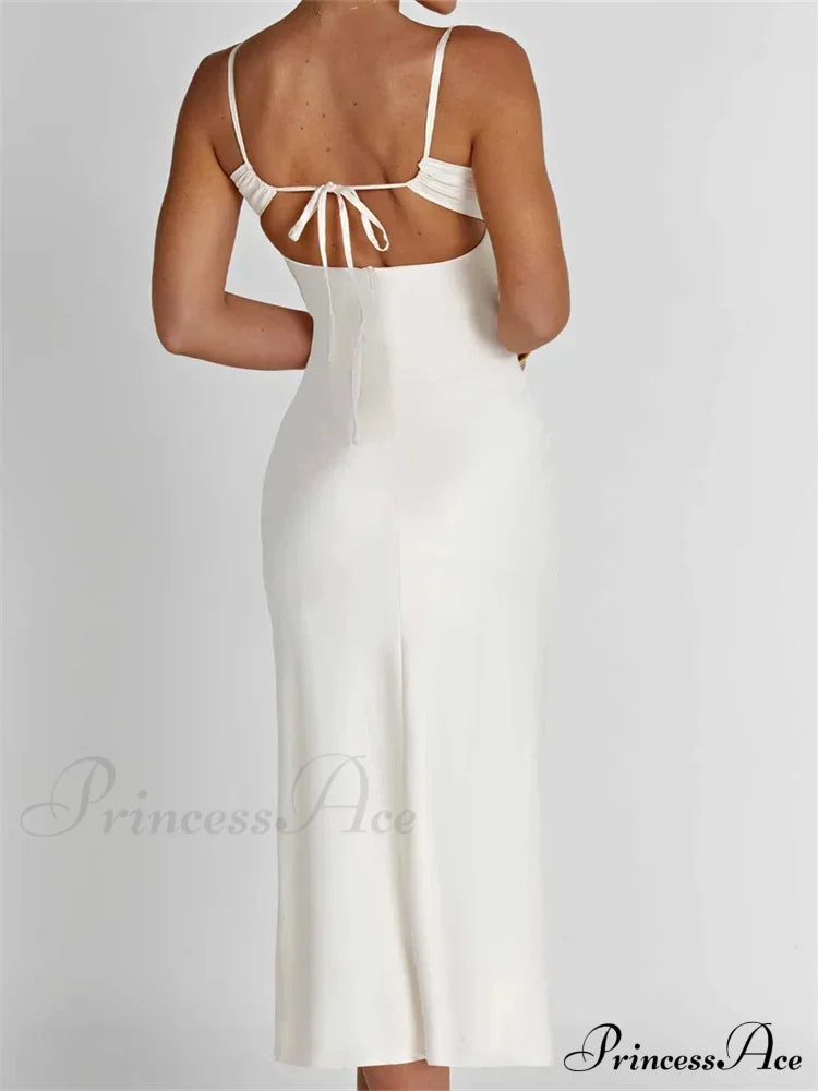 Sexy Women Ruched Lace Low Cut Sleeveless Spaghetti Strap High Split Evening Front Tie-Up Vestidos