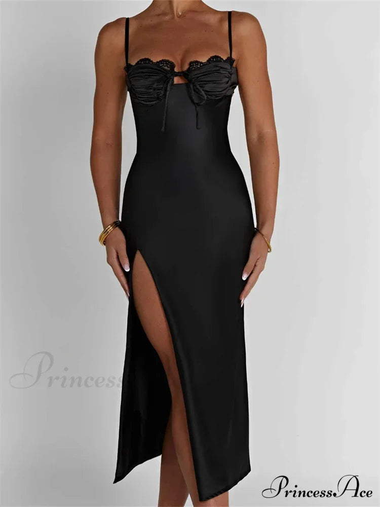 Sexy Women Ruched Lace Low Cut Sleeveless Spaghetti Strap High Split Evening Front Tie-Up Vestidos