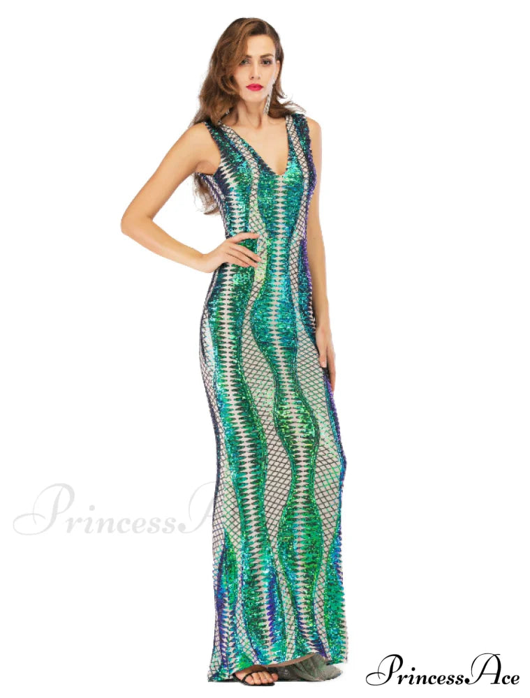Sexy Women’s V-Neck Backless Elastic Sequined Dress - New Explosions In Europe And America L /