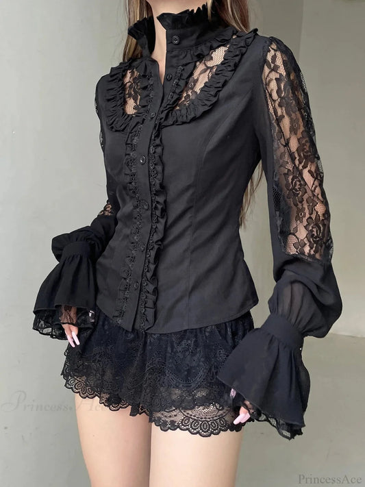 Shadowy Patchwork Lace Blouse Black / S