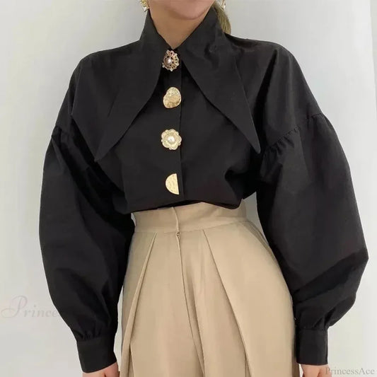 Sharp Corner Cotton Long Sleeve Office Blouse Black / S blouse-250126