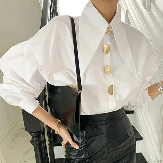 Sharp Corner Cotton Long Sleeve Office Blouse WHITE / S blouse-250126