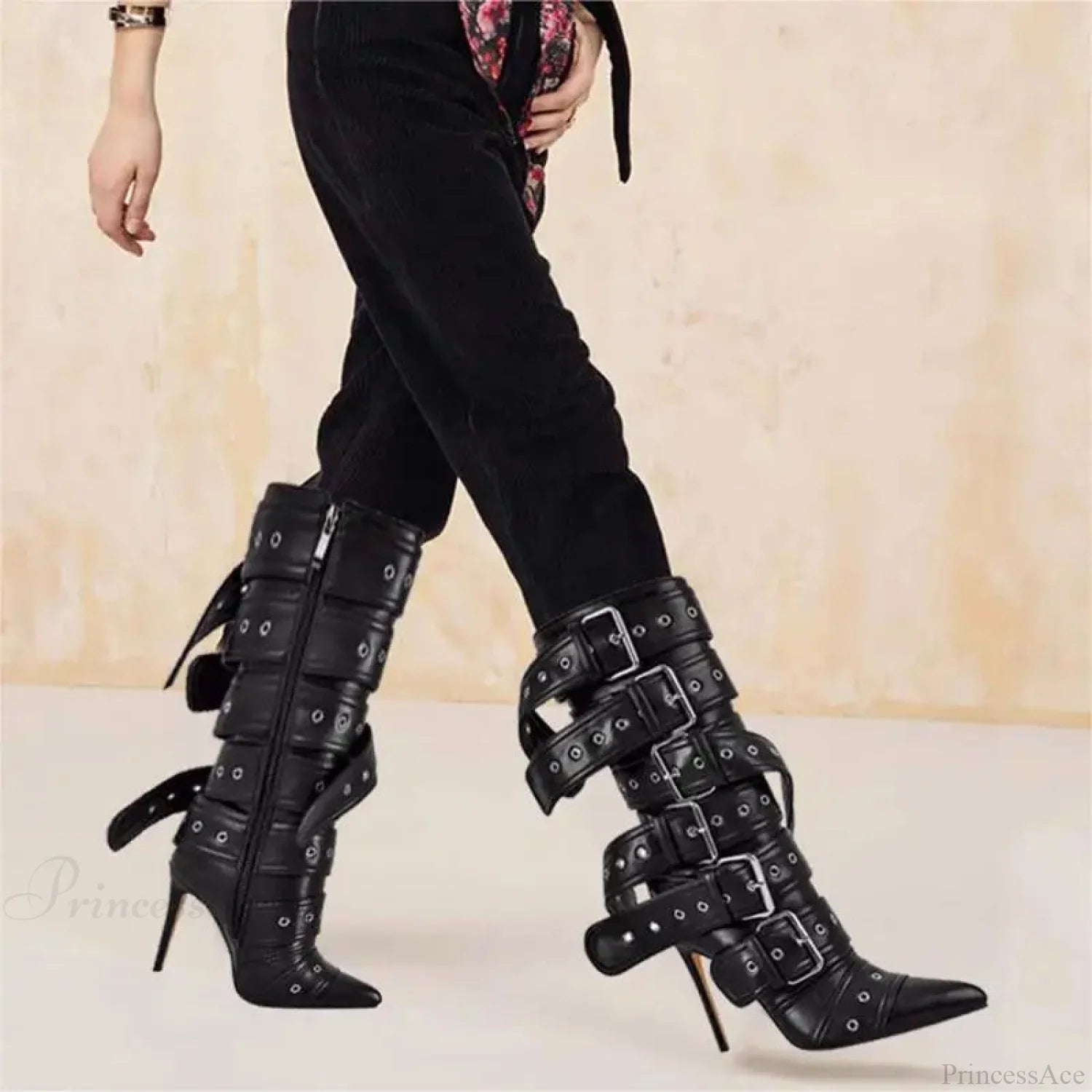 Sharp Toe Mid-Calf Clasp Stiletto Boot black / 5
