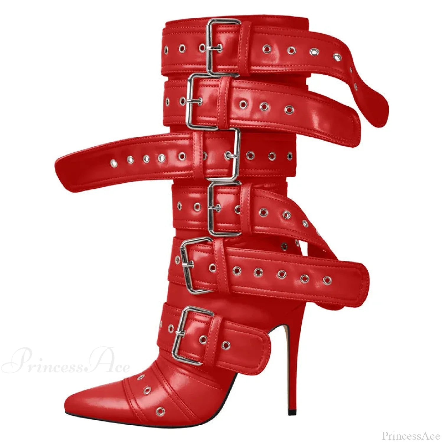 Sharp Toe Mid-Calf Clasp Stiletto Boot red / 5