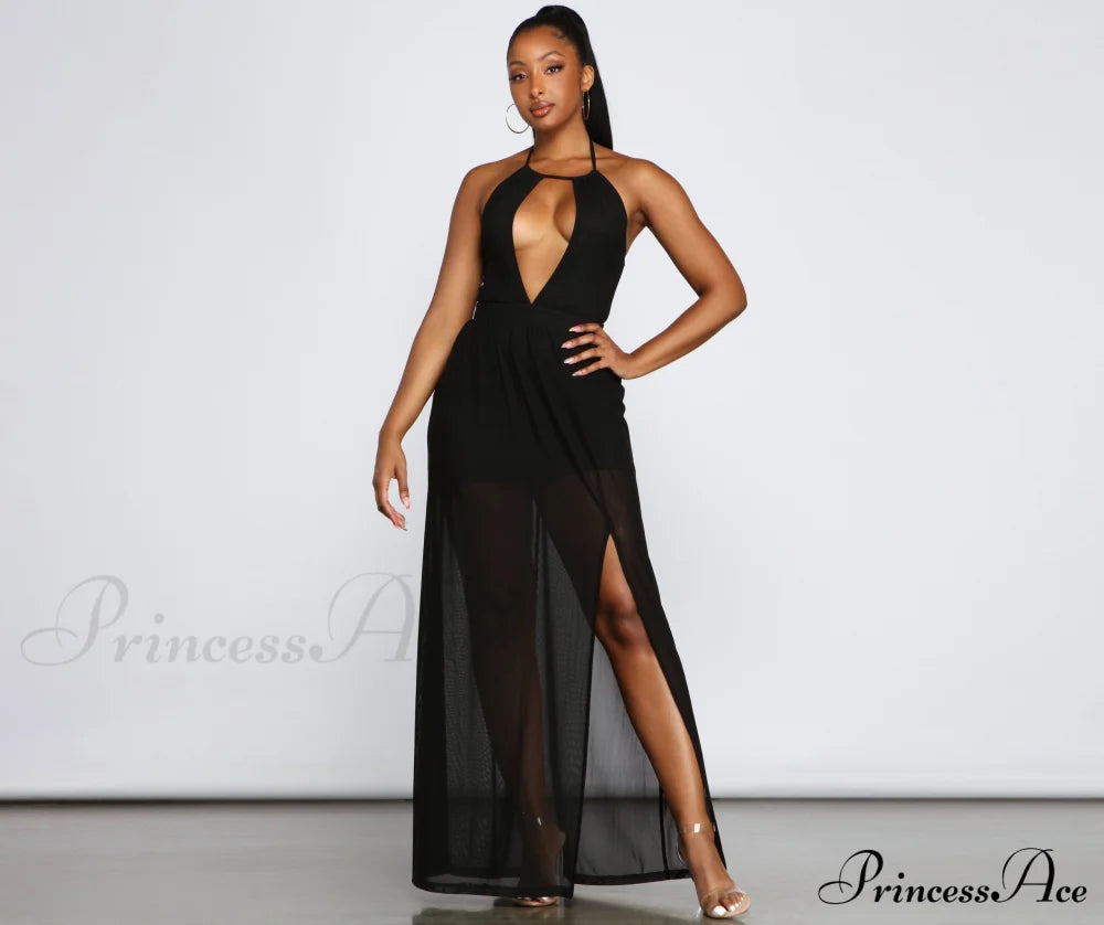 Sheer Appeal High Charming Slit Halter Dress Casual Dresses