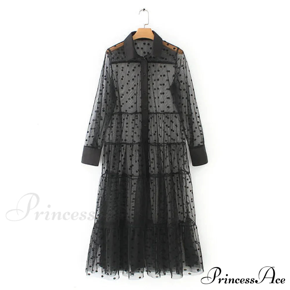 Sheer Lace Cover Up With Polka Dot Pattern For Summer L / Black Beach Cover Up Dress