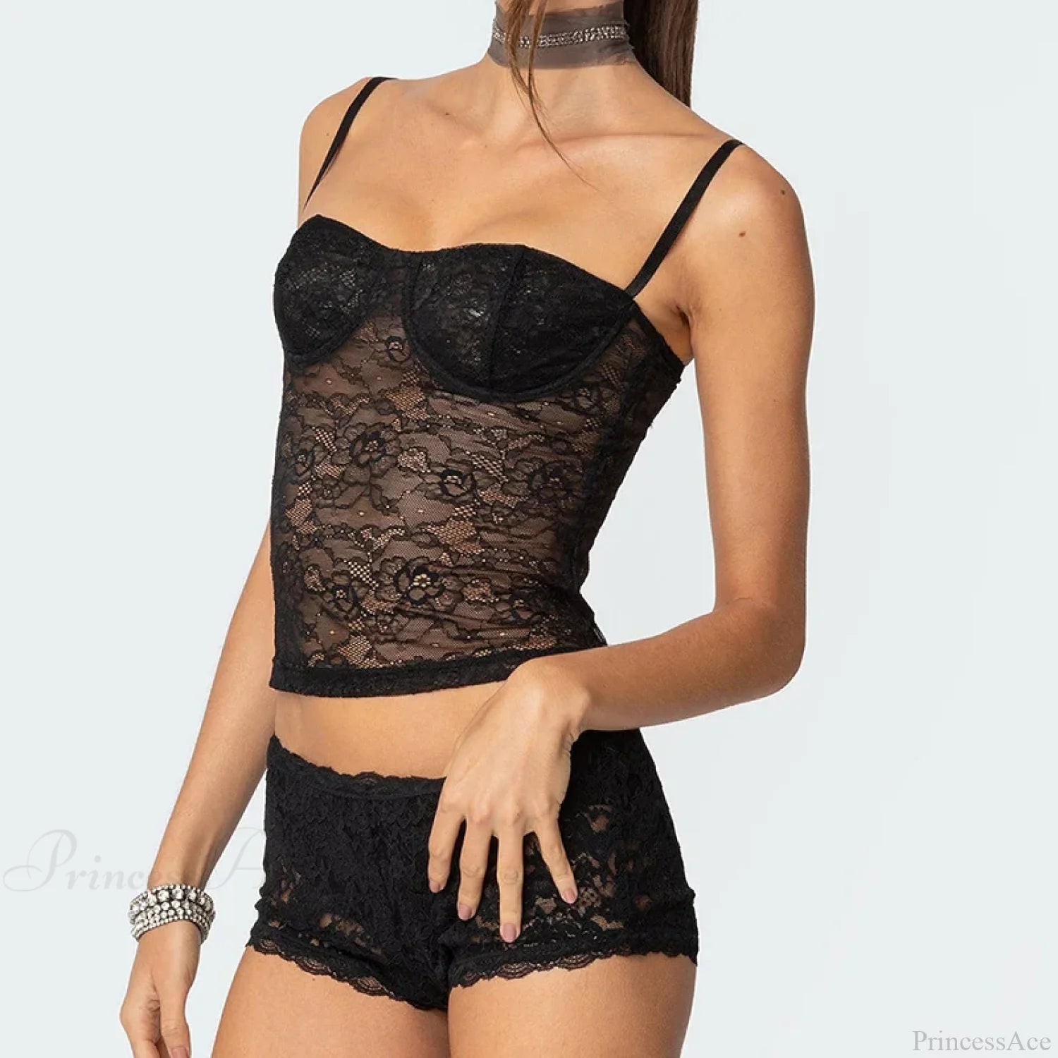 Sheer Lace Cupped Corset Hook Eye Back Crop Top See-Through Shorts Two Pieces Set twopiecesset-250126