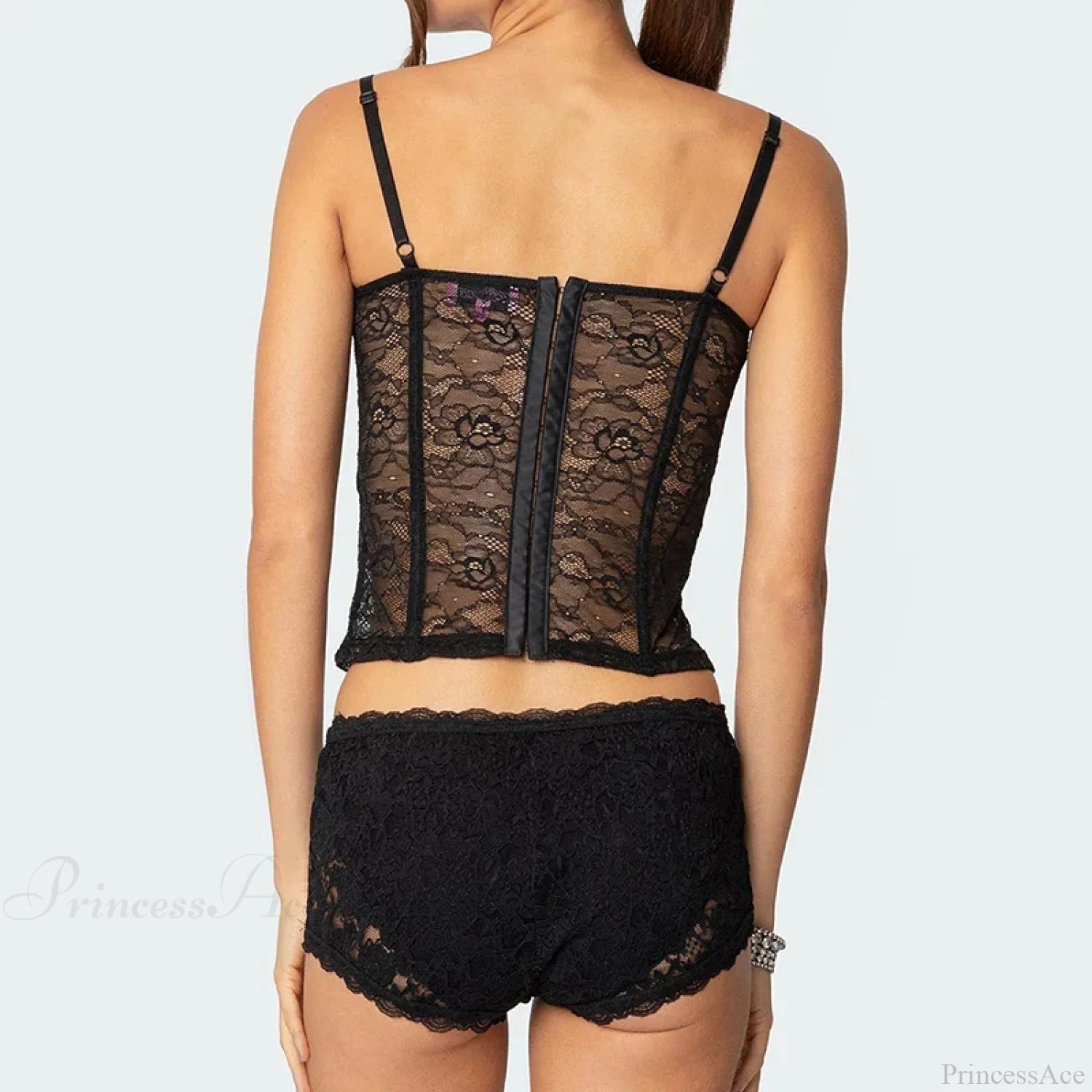 Sheer Lace Cupped Corset Hook Eye Back Crop Top See-Through Shorts Two Pieces Set twopiecesset-250126