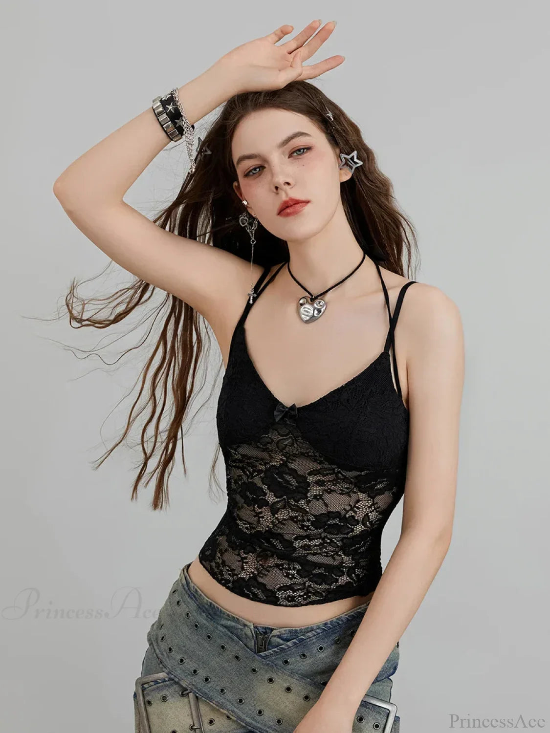 Sheer Lace Floral Halter Tie-up Nightclub Camisole Top croptop-250126