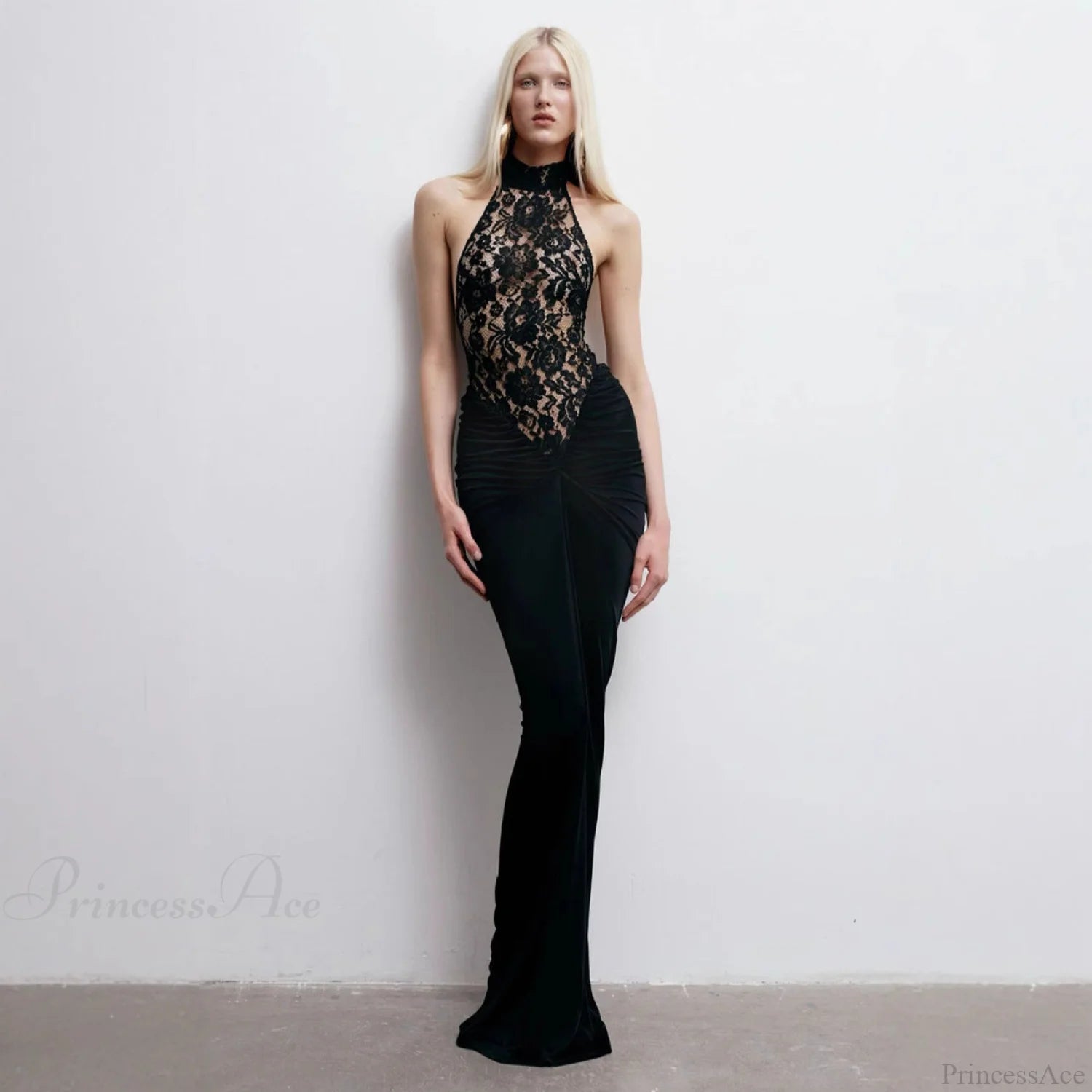 Sheer Lace Halter Backless Black Prom Dress promdress-250223