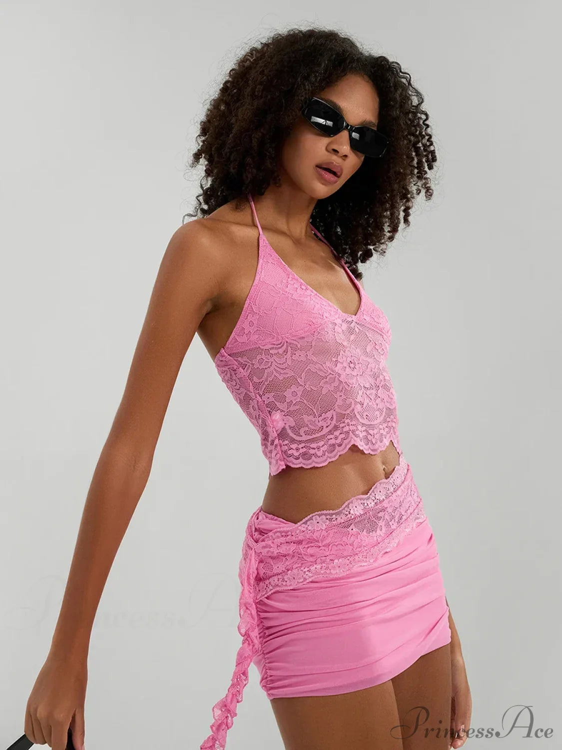 Sheer Lace Halter Crop Top Asymmetric Skirt Outfit croptop-250126