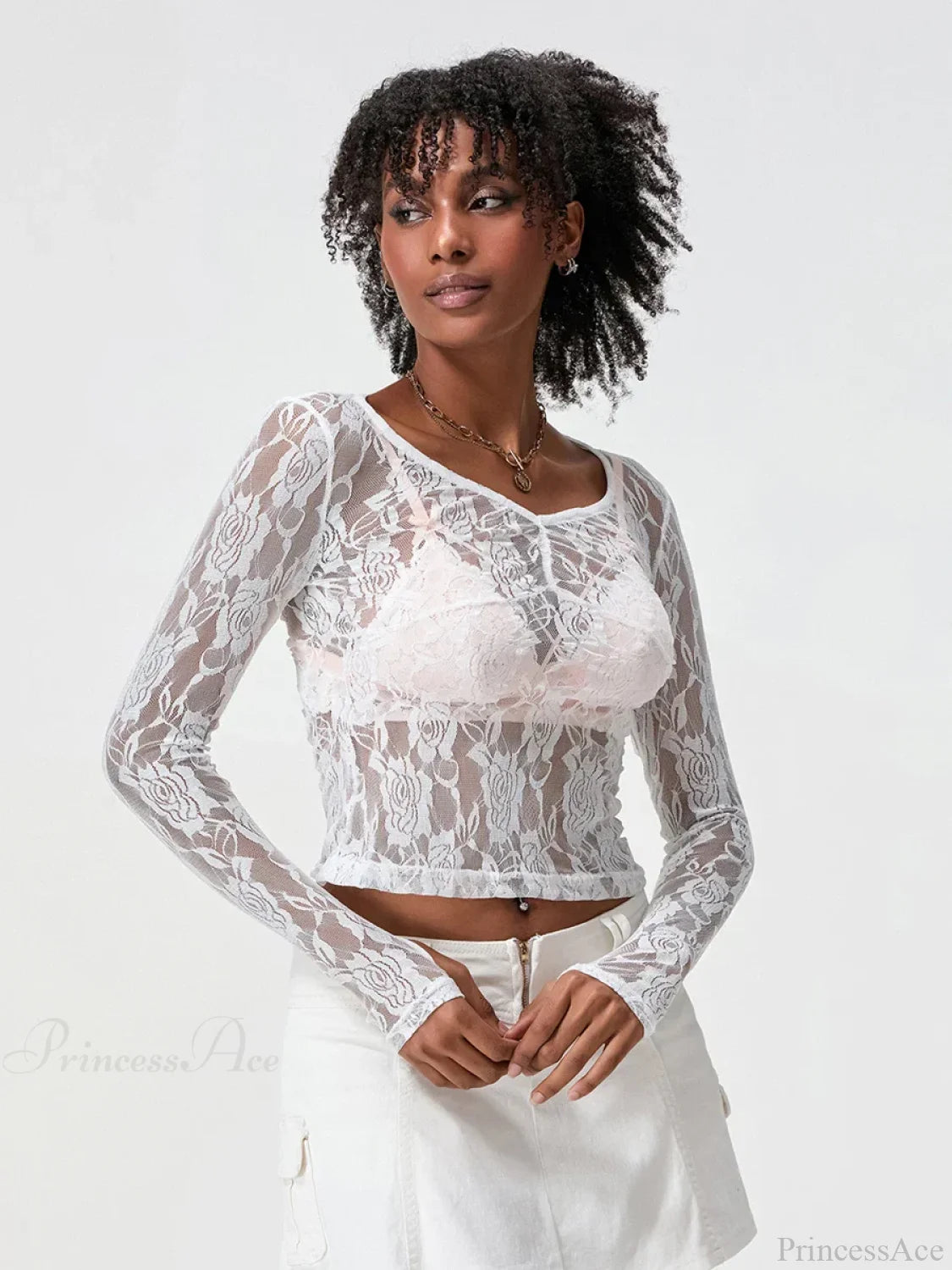 Sheer Lace Long Sleeve V-neck Mesh Crop T-shirt croptop-250126