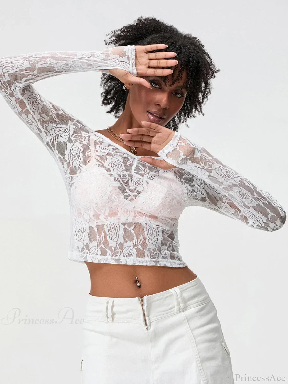 Sheer Lace Long Sleeve V-neck Mesh Crop T-shirt croptop-250126