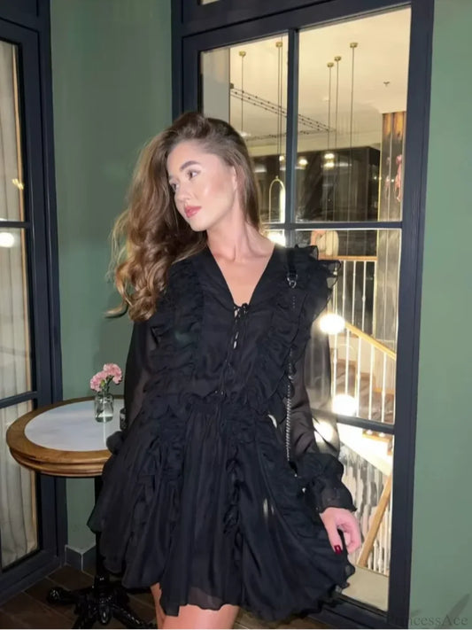 Sheer Lace Mesh Deep V Neck Blouse Black / S blouse-250223