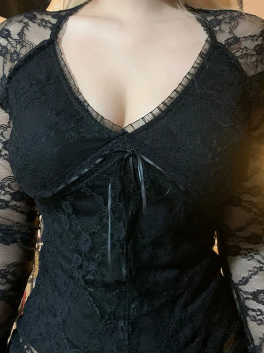 Sheer Lace V-neck Knit Top