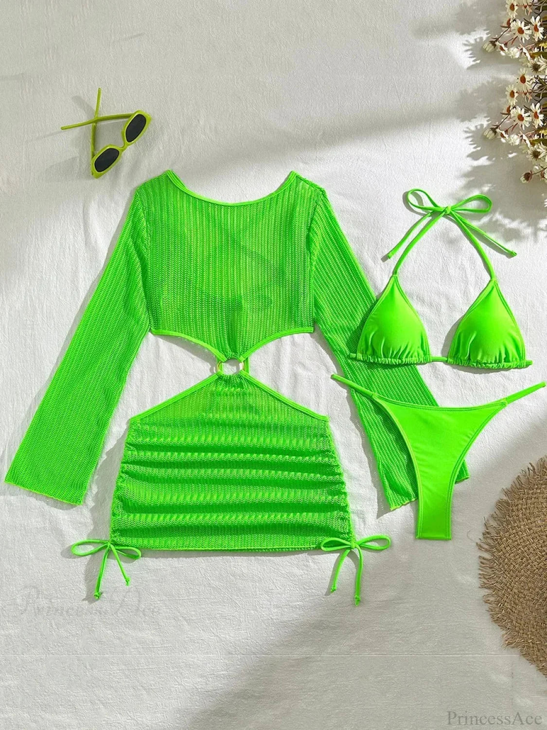 Sheer Long Sleeve Bikini Cover-Up Three Piece Swimsuit NeonGreen / S