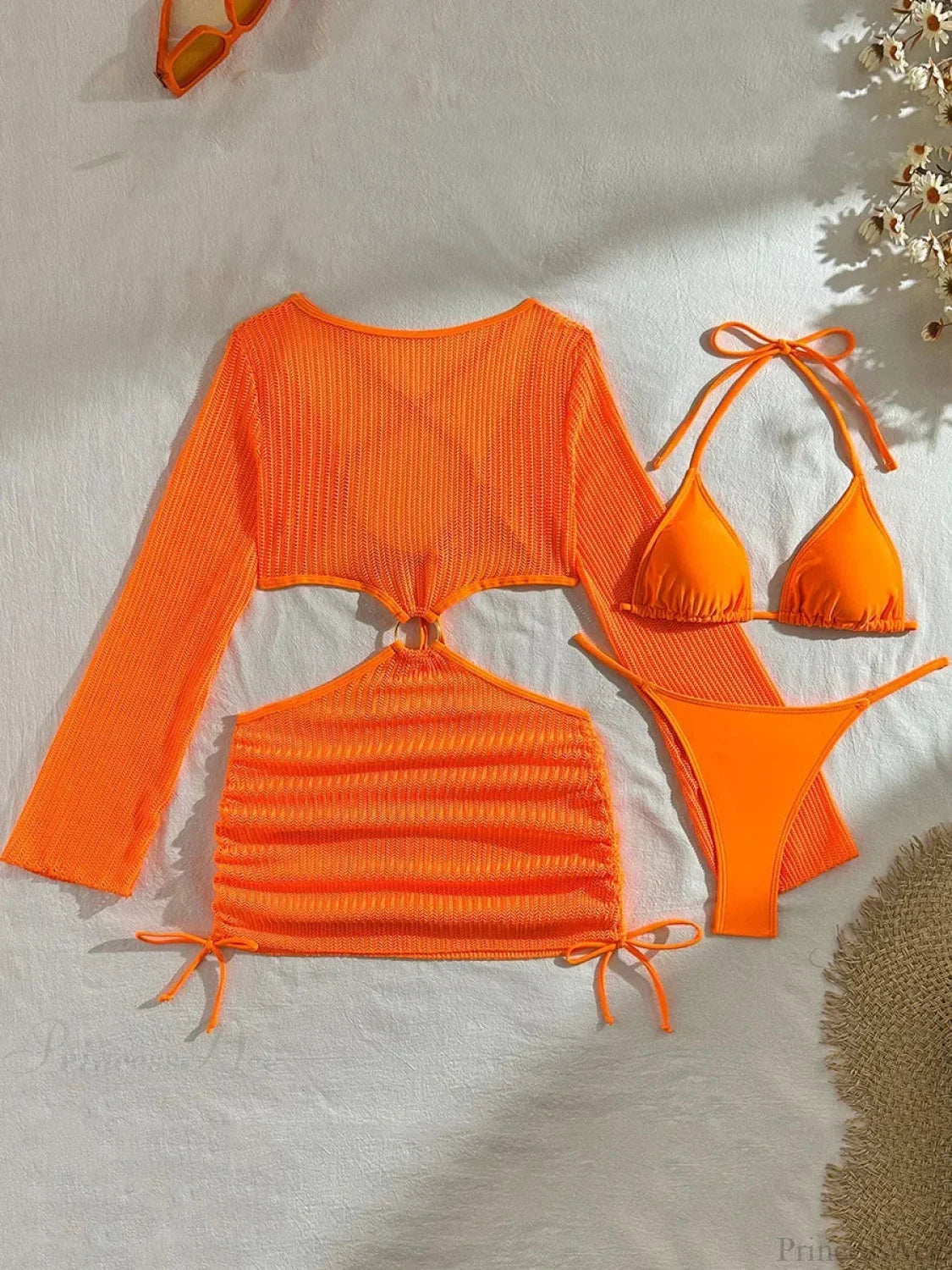 Sheer Long Sleeve Bikini Cover-Up Three Piece Swimsuit Orange / S