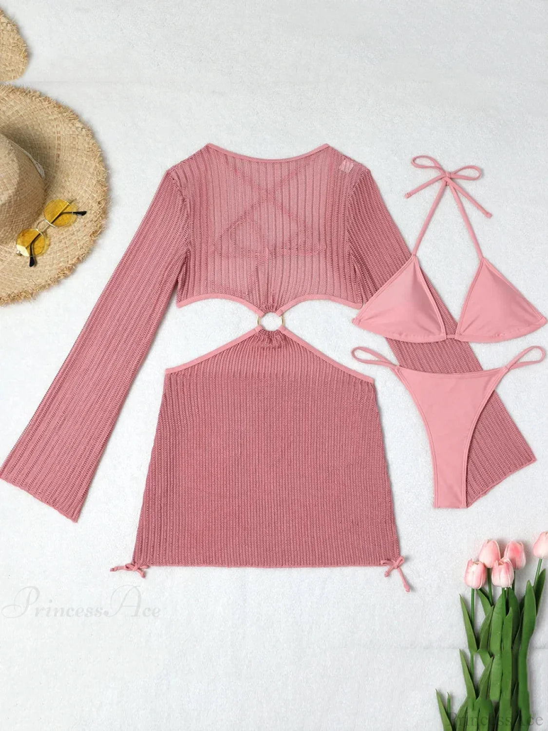 Sheer Long Sleeve Bikini Cover-Up Three Piece Swimsuit Pink / S