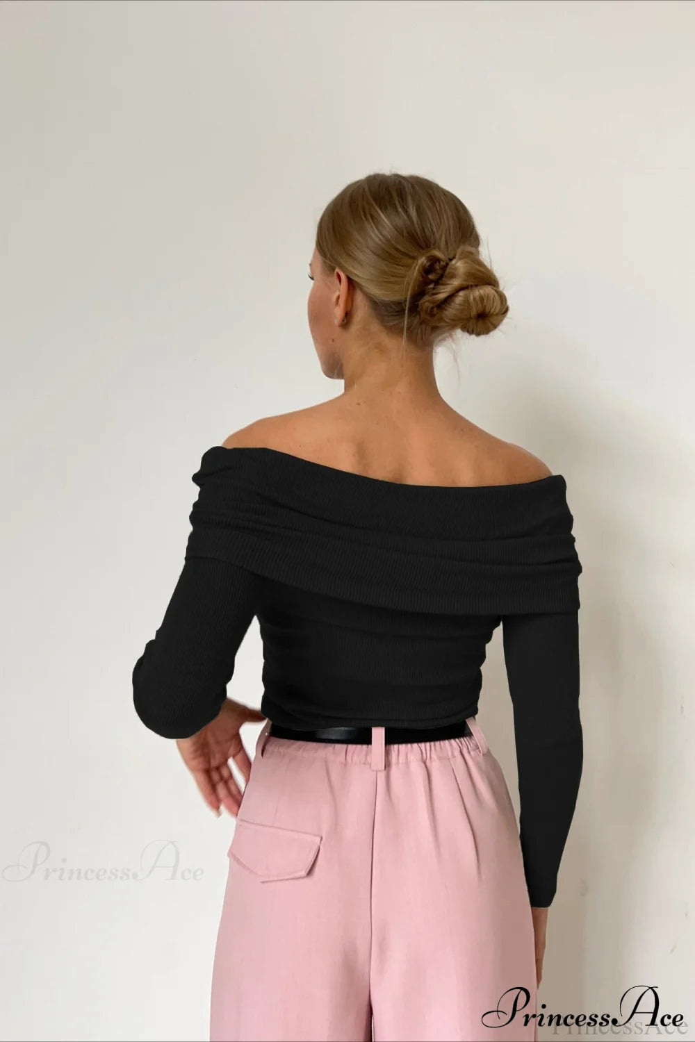 Sheer Off-Shoulder Fitted Solid Pullover Knit Top