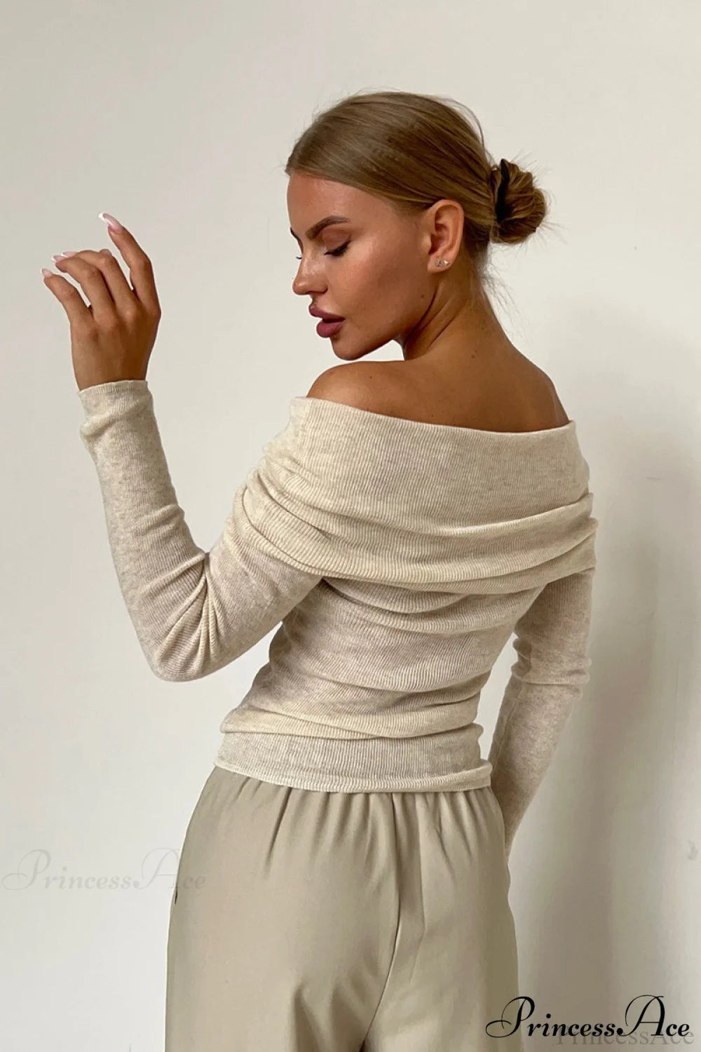 Sheer Off-Shoulder Fitted Solid Pullover Knit Top