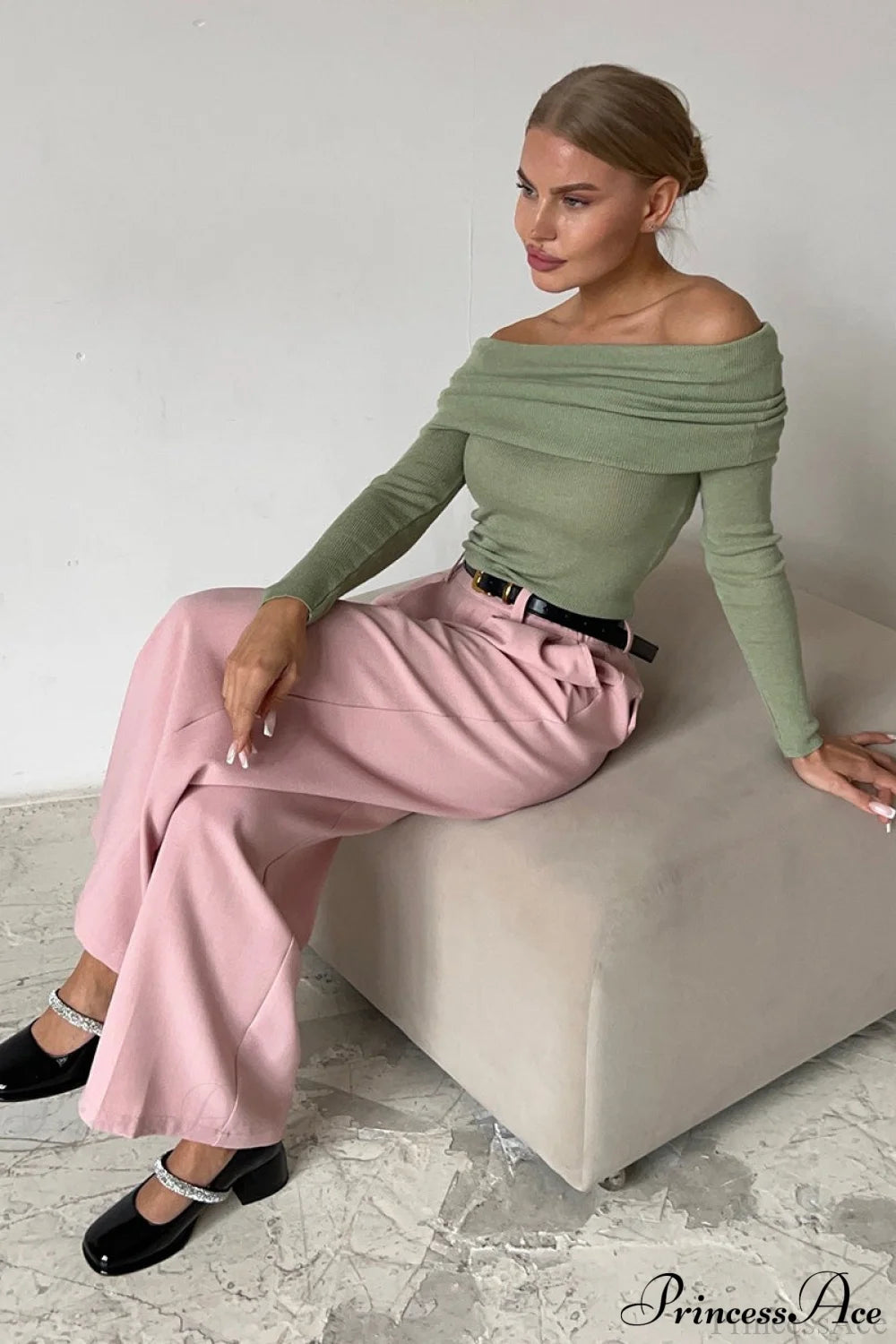 Sheer Off-Shoulder Fitted Solid Pullover Knit Top