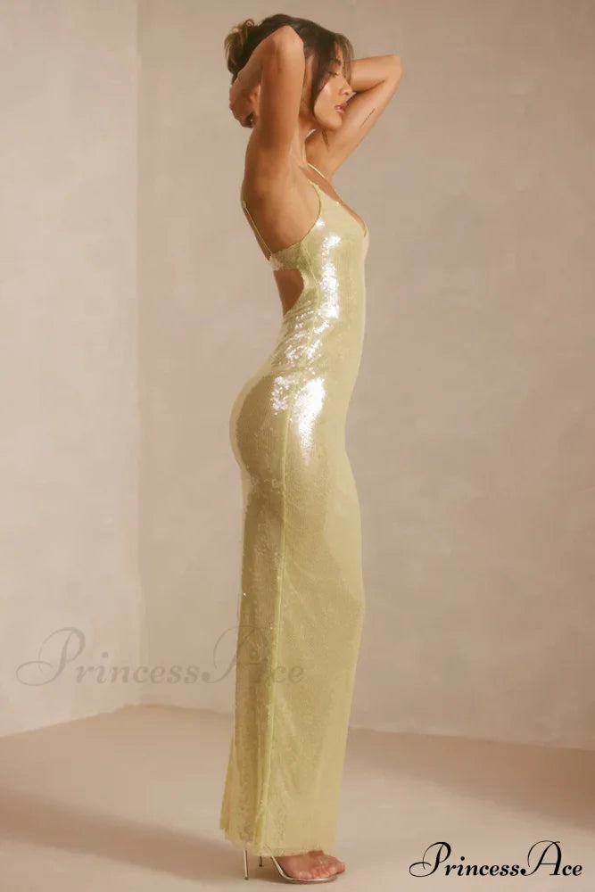 Sheer Sequin V-Neck Cut Out Trendy Back Evening Gown In Pistachio 30 Days / 4 S Yellow