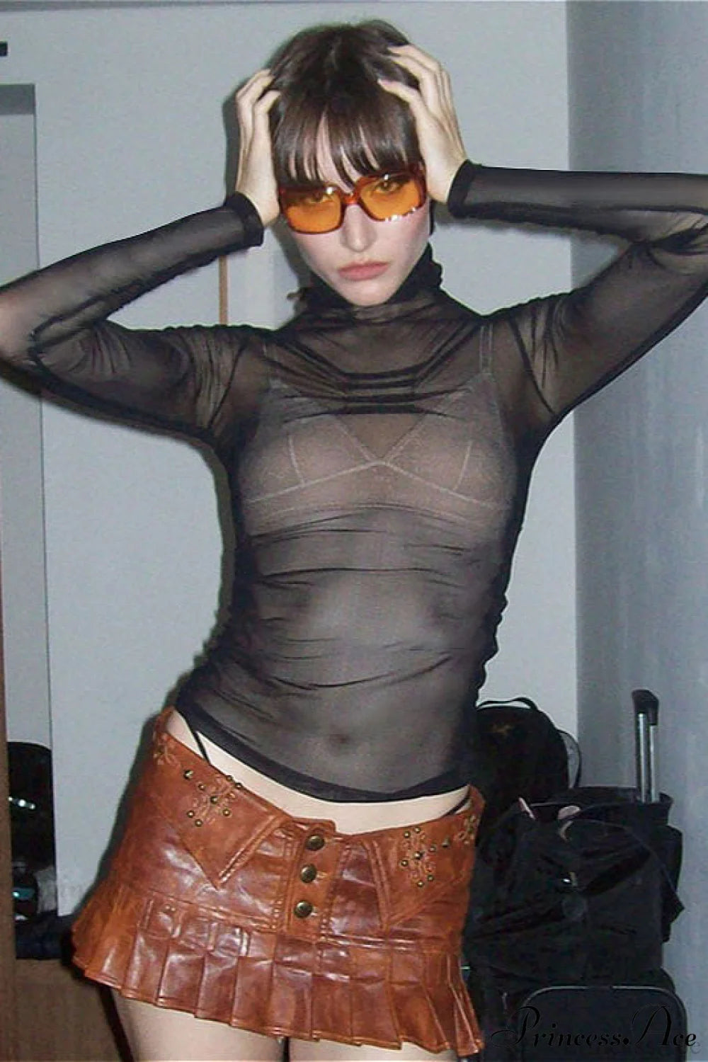 Sheer Solid Turtleneck Long Sleeve Tee Black / S