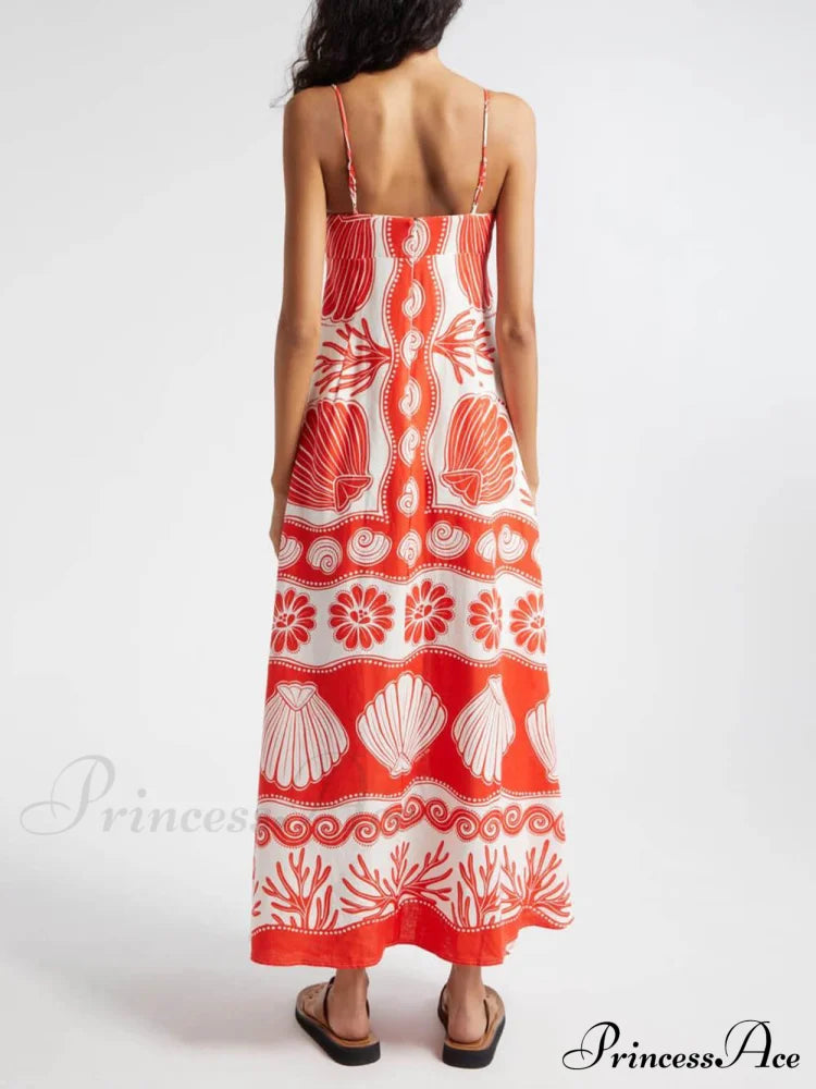 Shell Unique Print Front Graceful Lace-Up Loose Maxi Dress Dresses