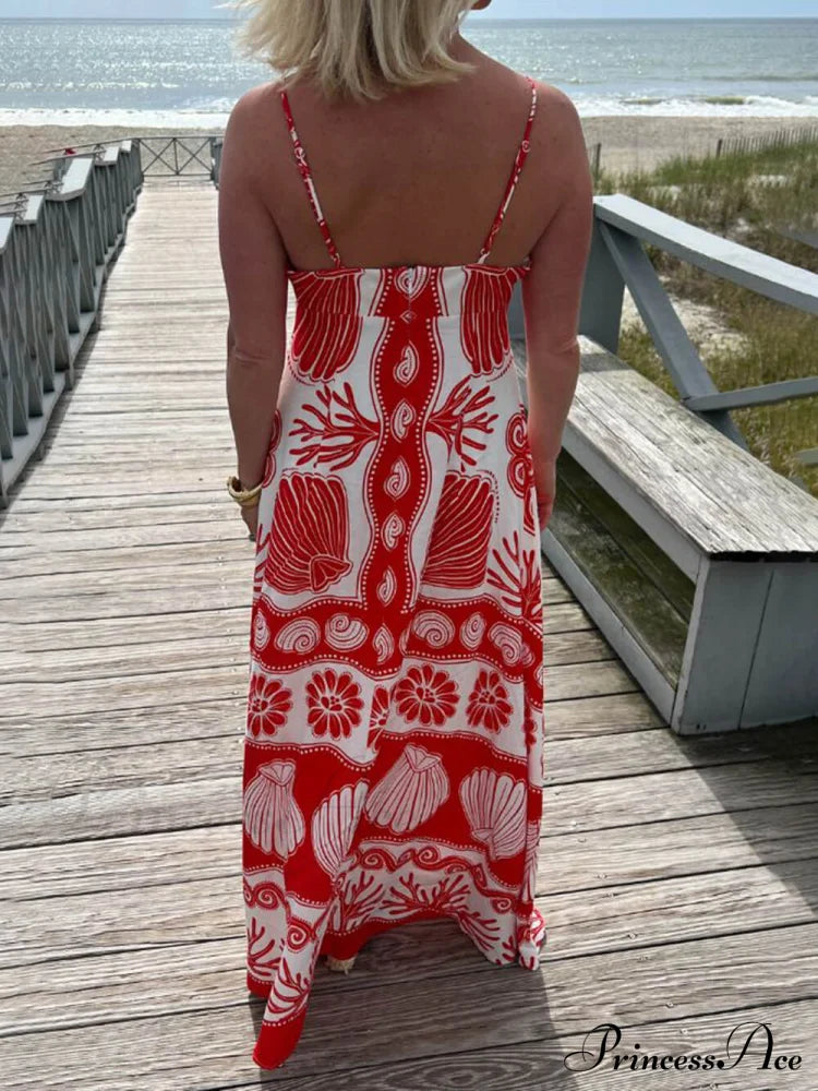 Shell Unique Print Front Graceful Lace-Up Loose Maxi Dress Dresses