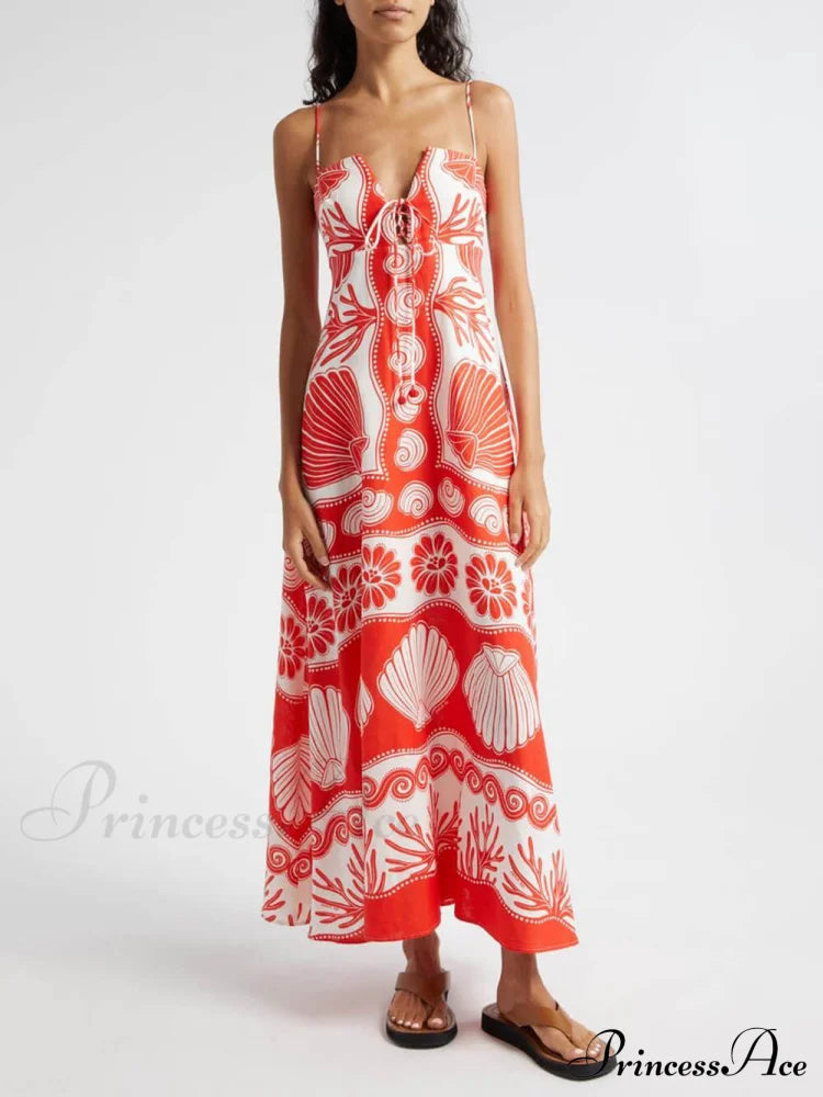 Shell Unique Print Front Graceful Lace-Up Loose Maxi Dress Dresses