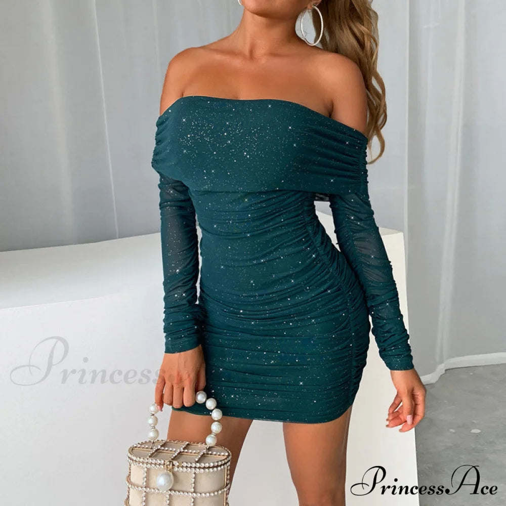 Shimmer Nights Off The Graceful Shoulder Glitter Mini Dress Club Dresses