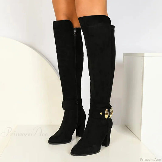 Shiny Leather Dark Over-the-Knee Elevated Boot Black flock / 36