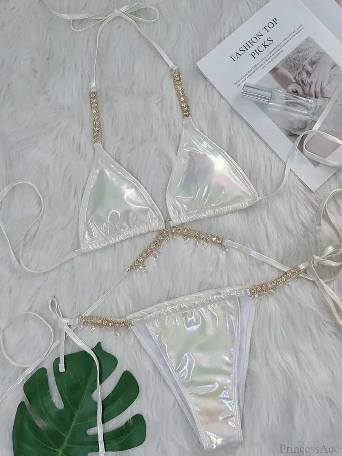 Shiny PU Leather Wrap Around Diamond Bikini Set White / S