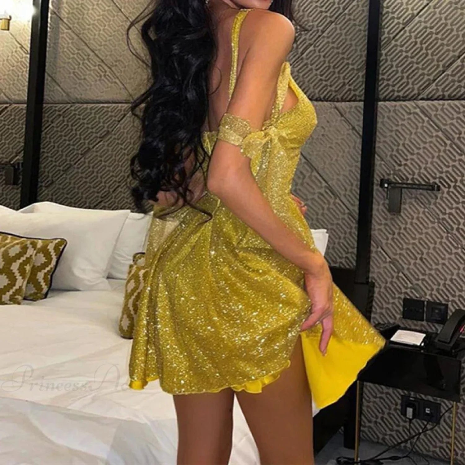 Shiny Slim Black V-Neck Party Dress Partydress-241208