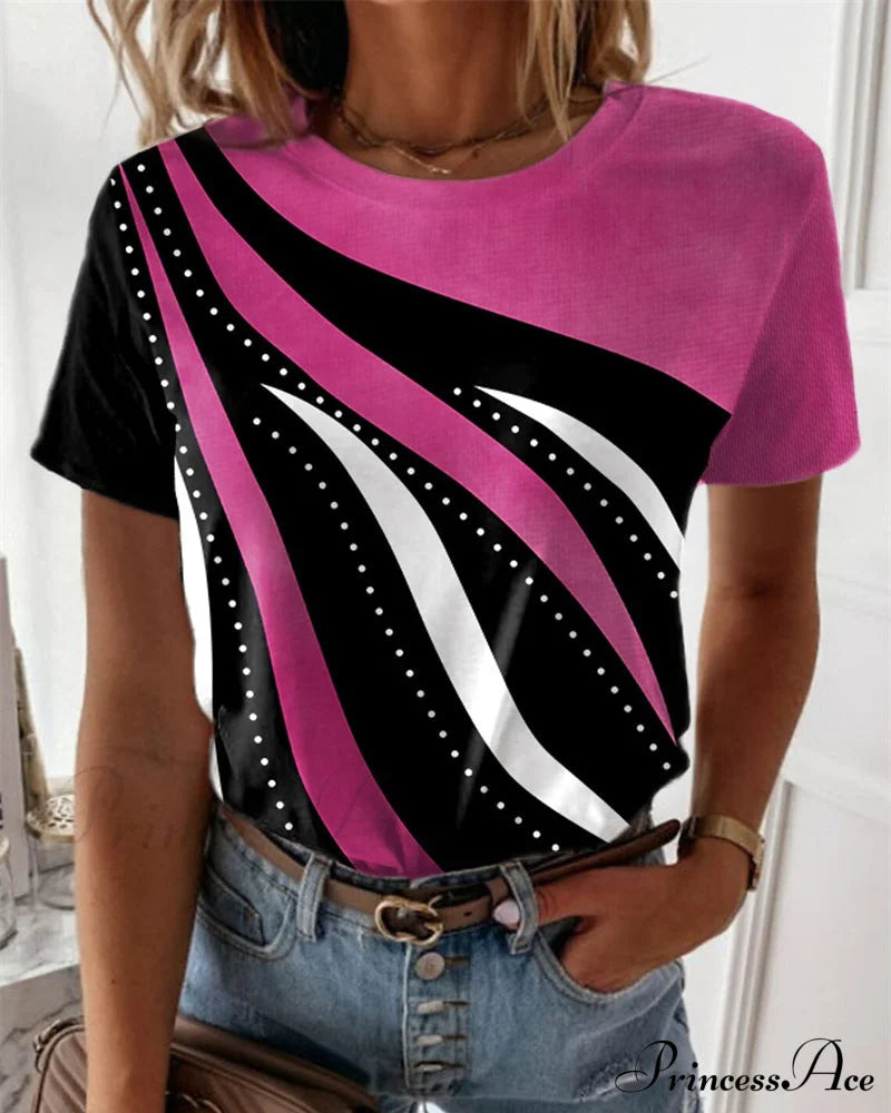 Printed short-sleeve crewneck T-shirt Fuchsia 23BF clothes Short Sleeve Tops Spring Summer T-shirts Tops/Blouses
