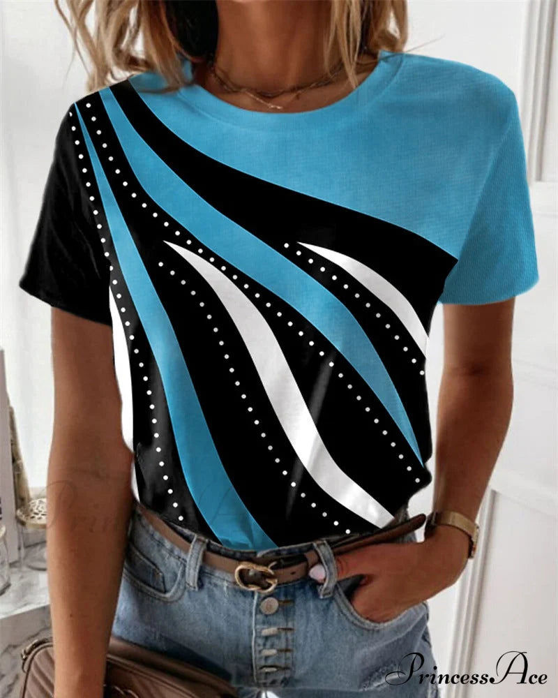 Printed short-sleeve crewneck T-shirt Sky Blue 23BF clothes Short Sleeve Tops Spring Summer T-shirts Tops/Blouses