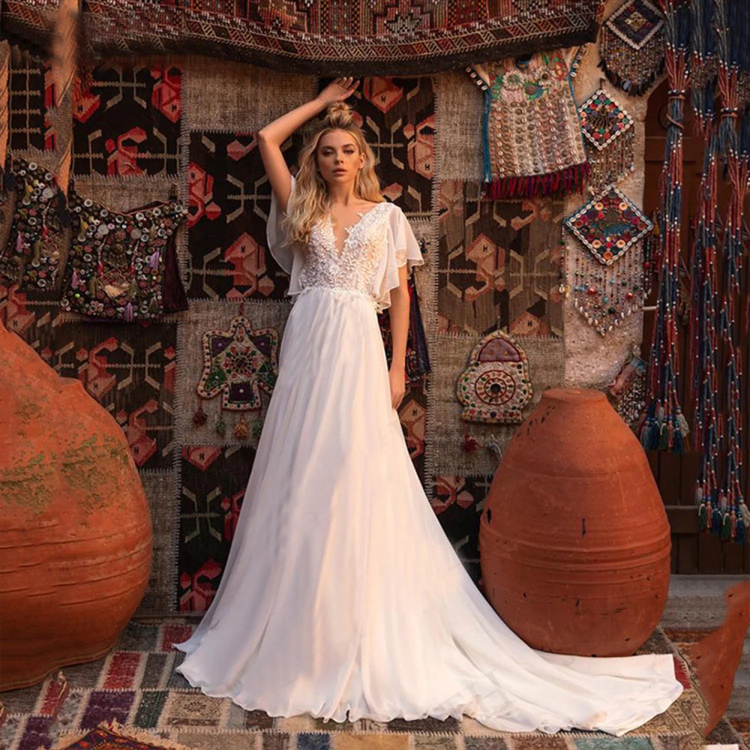 Short Sleeve Deep V-Neck Sheer Wedding Dress White / 2 weddingdress-250223