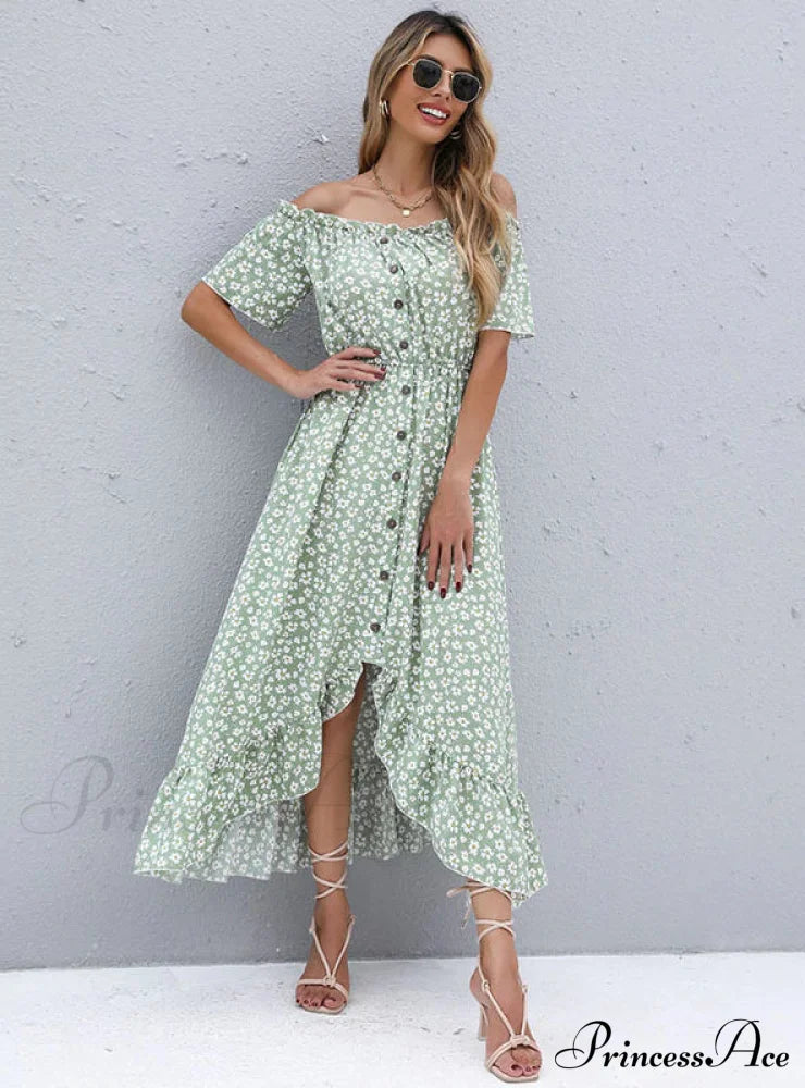 Short-Sleeve Printed Dress With Irregular Pattern S / Green Print Dress