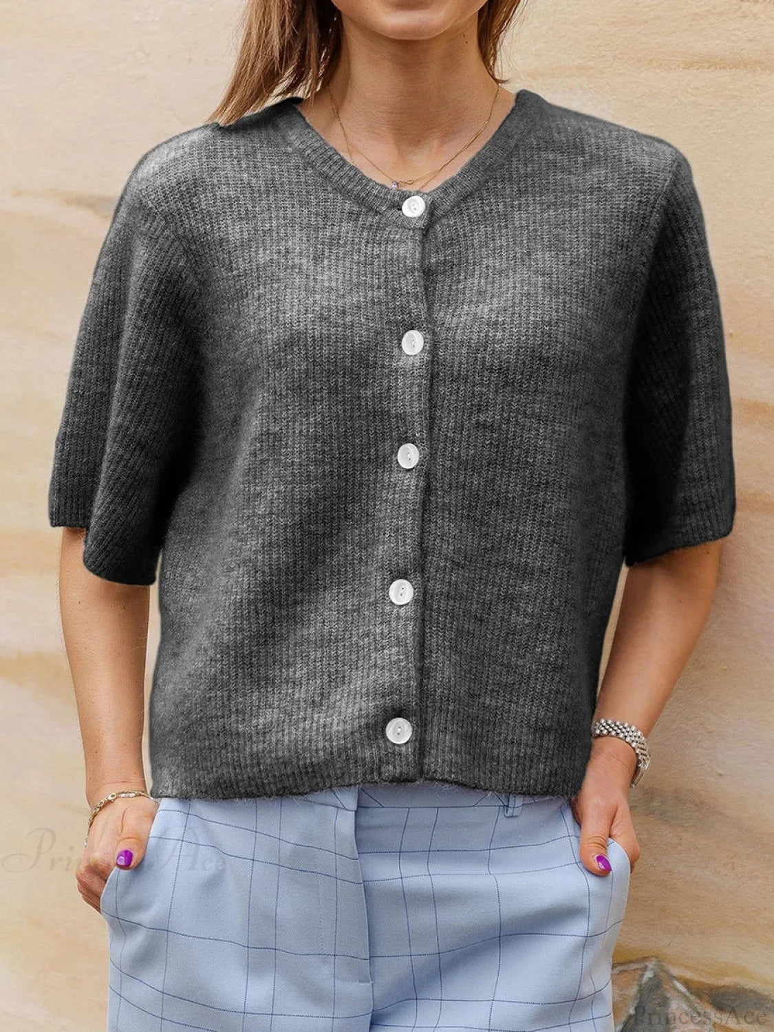 Short Sleeve Round Neck Button-Down Cardigan grey / S