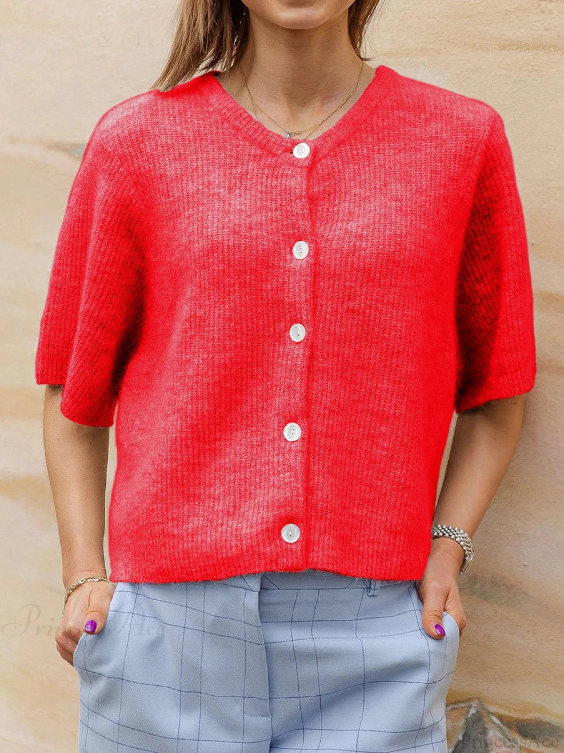 Short Sleeve Round Neck Button-Down Cardigan red / S