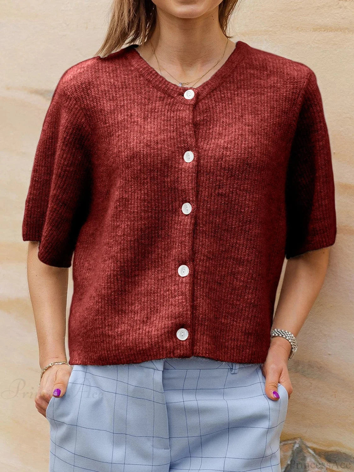 Short Sleeve Round Neck Button-Down Cardigan wine red / S