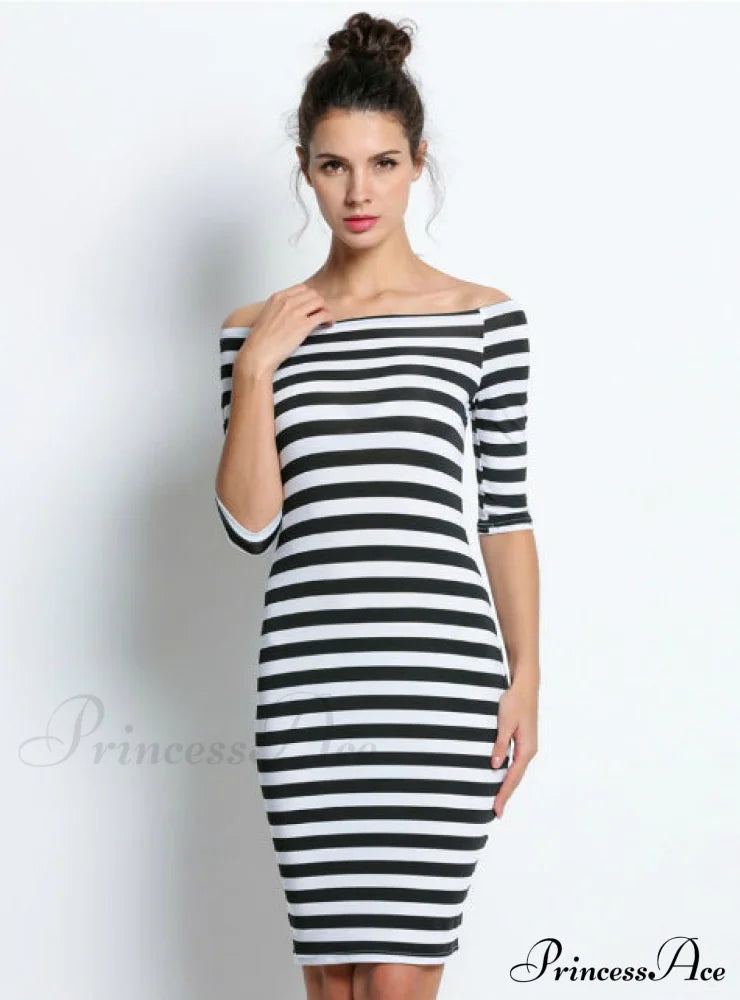 Short Sleeve Striped Sheath Dress S / Blue Dresses