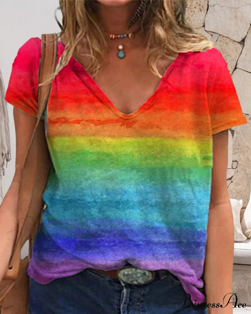 Short-Sleeved Print Rainbow V-Neck T-Shirt T-Shirts