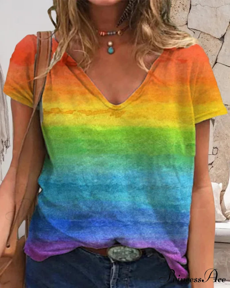 Short-Sleeved Print Rainbow V-Neck T-Shirt T-Shirts