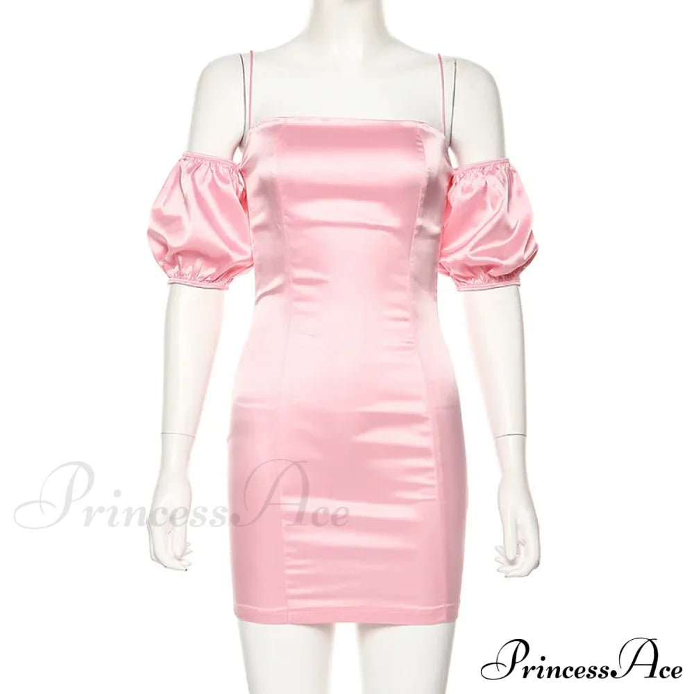 Short-Sleeved Solid Strapless Mini Elegant Party Evening Fashion Bodycon Dress Pink / S