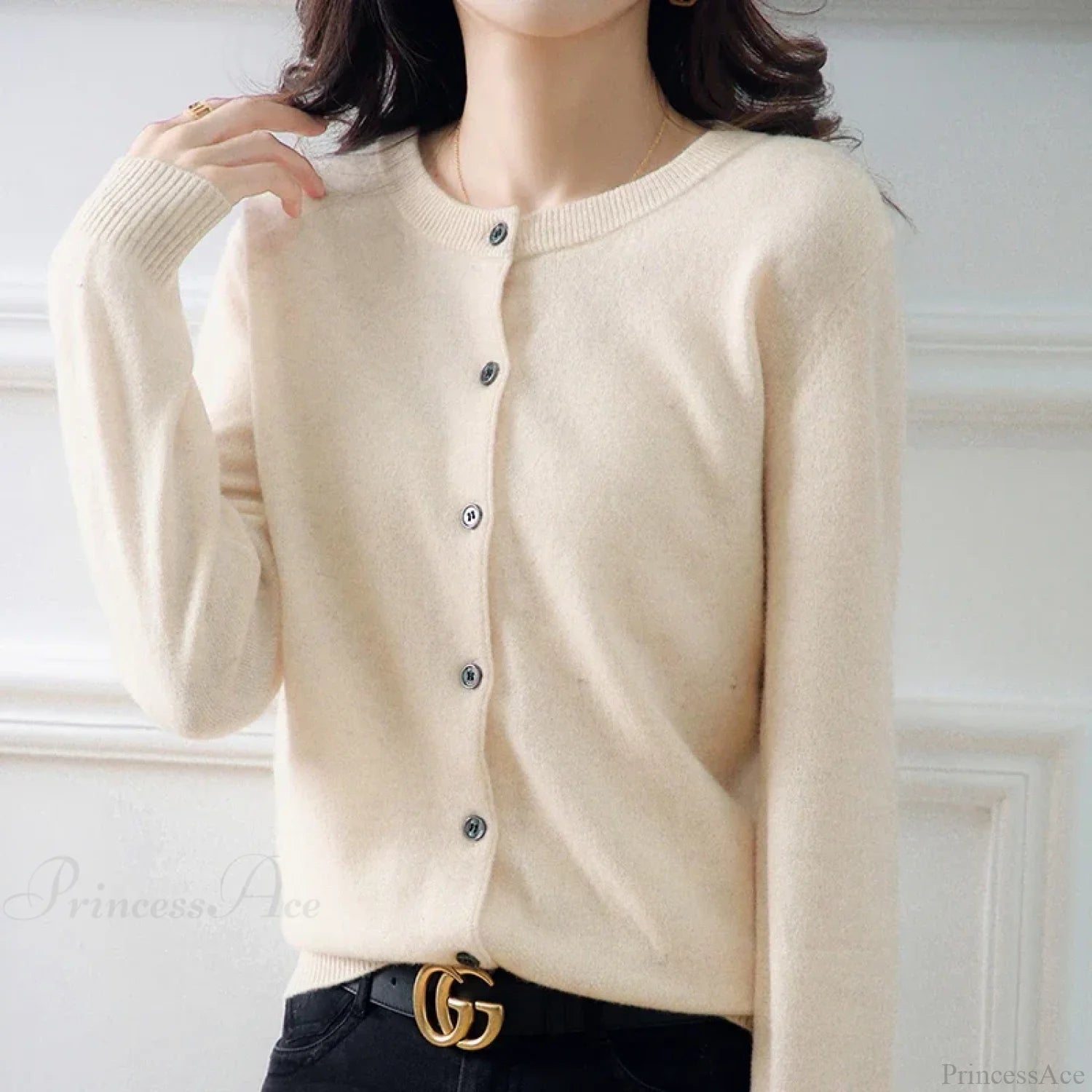 Short Slim O-Neck Single Breasted Gold Camel Knit Cardigan Beige / S cardiagn-250126