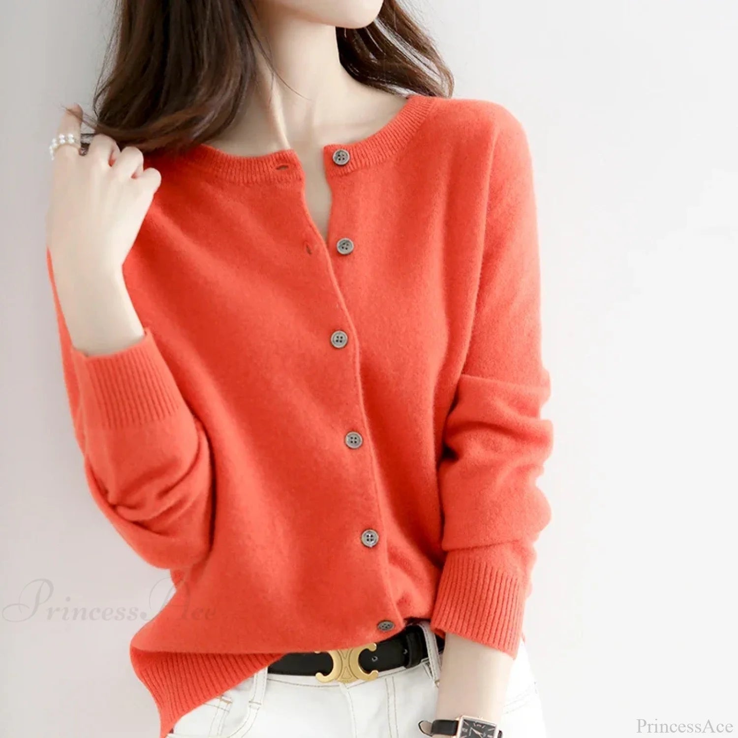 Short Slim O-Neck Single Breasted Gold Camel Knit Cardigan Orange / S cardiagn-250126