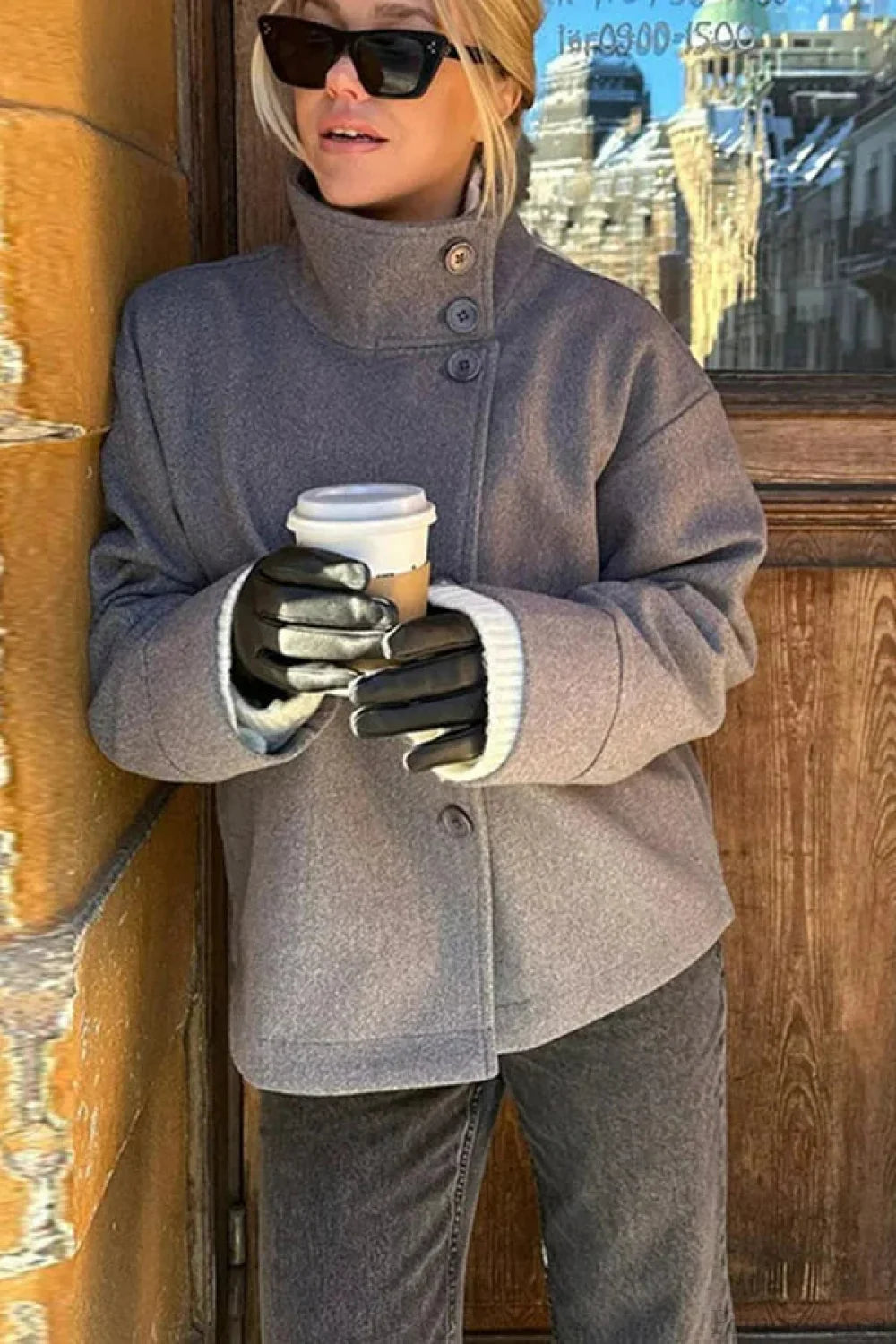 Short Woolen Casual Lapel Overcoat Gray / S