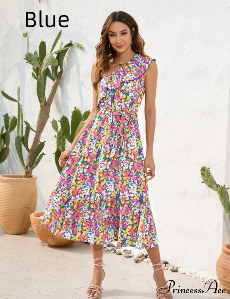 Shoulder Patterned One Dress L / Blue